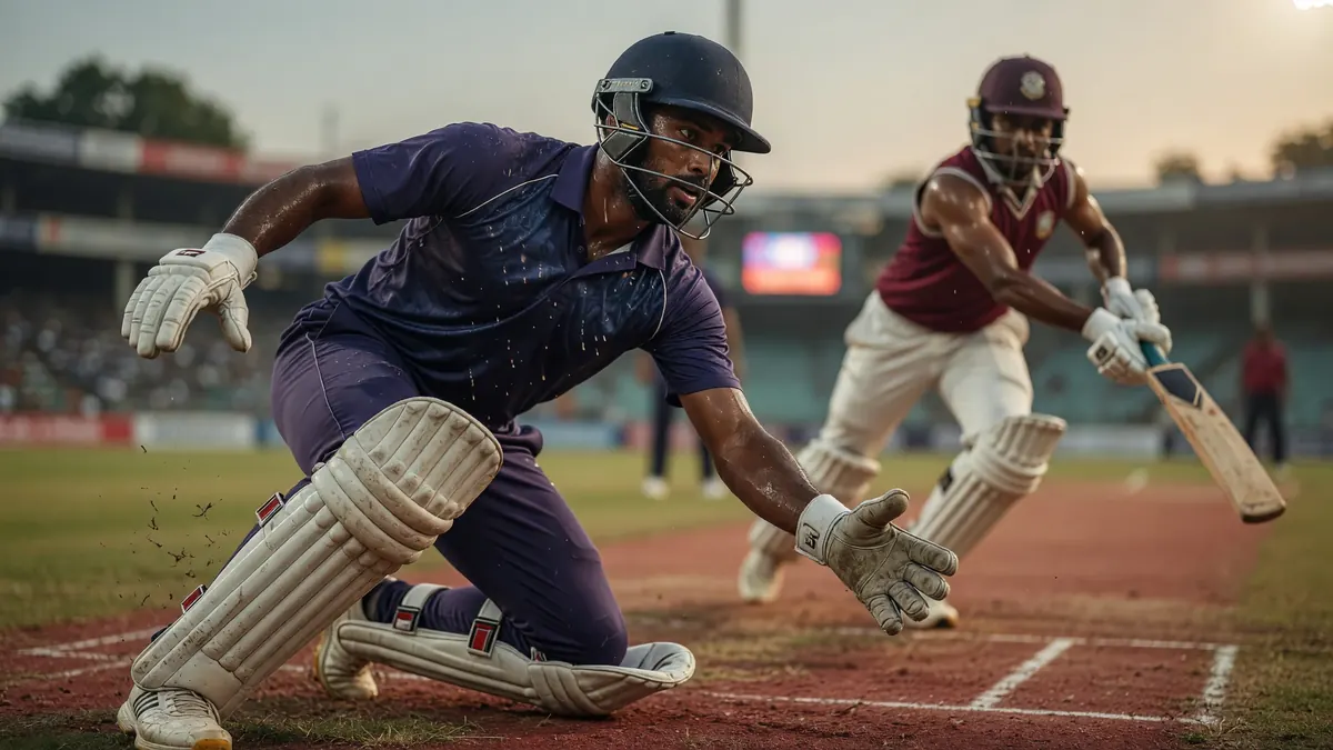 Close sideline action of a batter driving through the off side during a floodlit T20 match