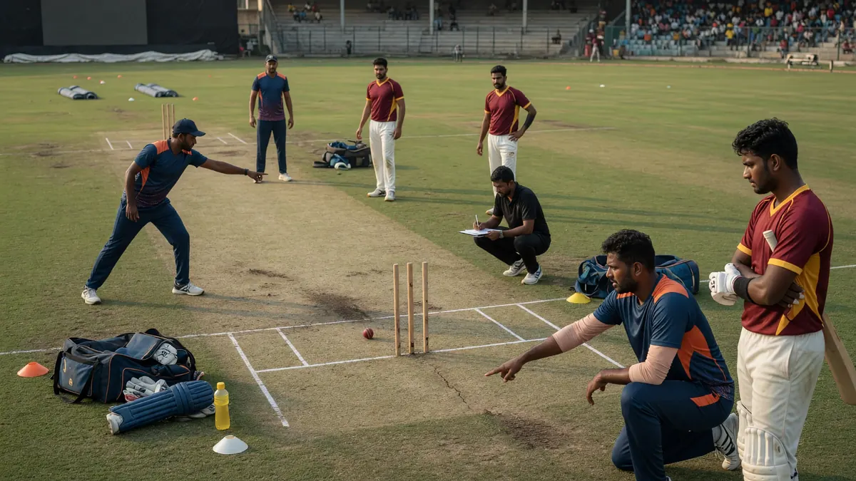 Medium shot of fielders setting a ring on a T20 outfield while a bowler walks back to his mark