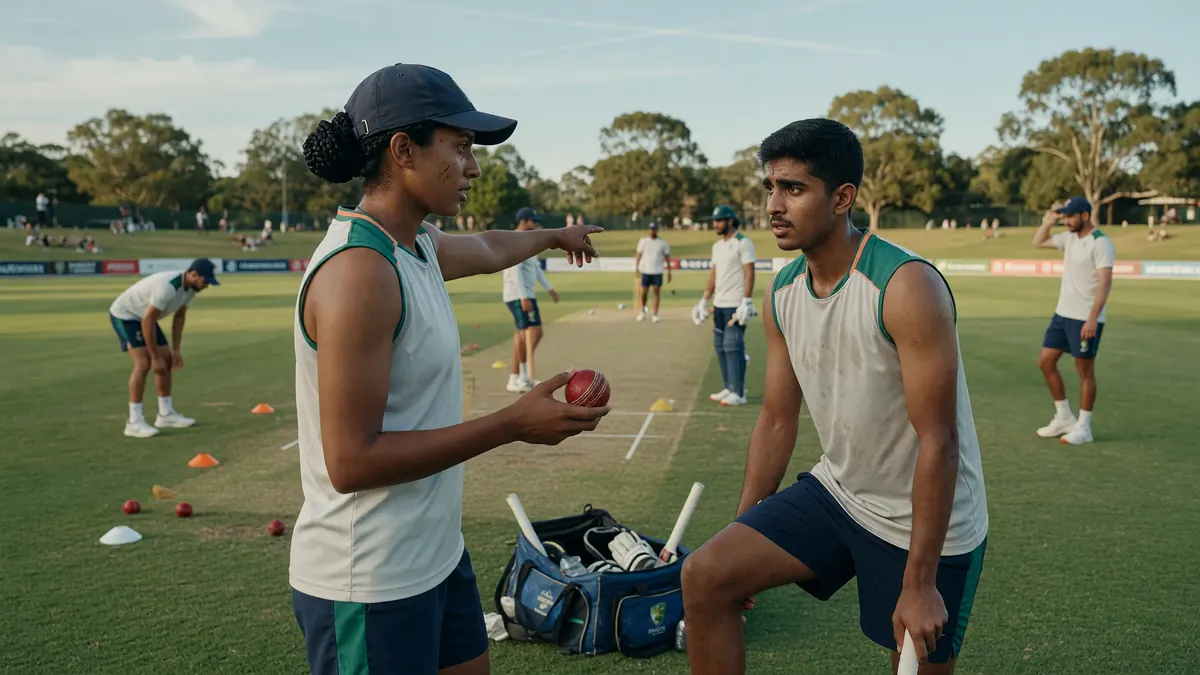 Medium-wide tactical view of fielders set around the bat on a dry practice pitch during a professional training session